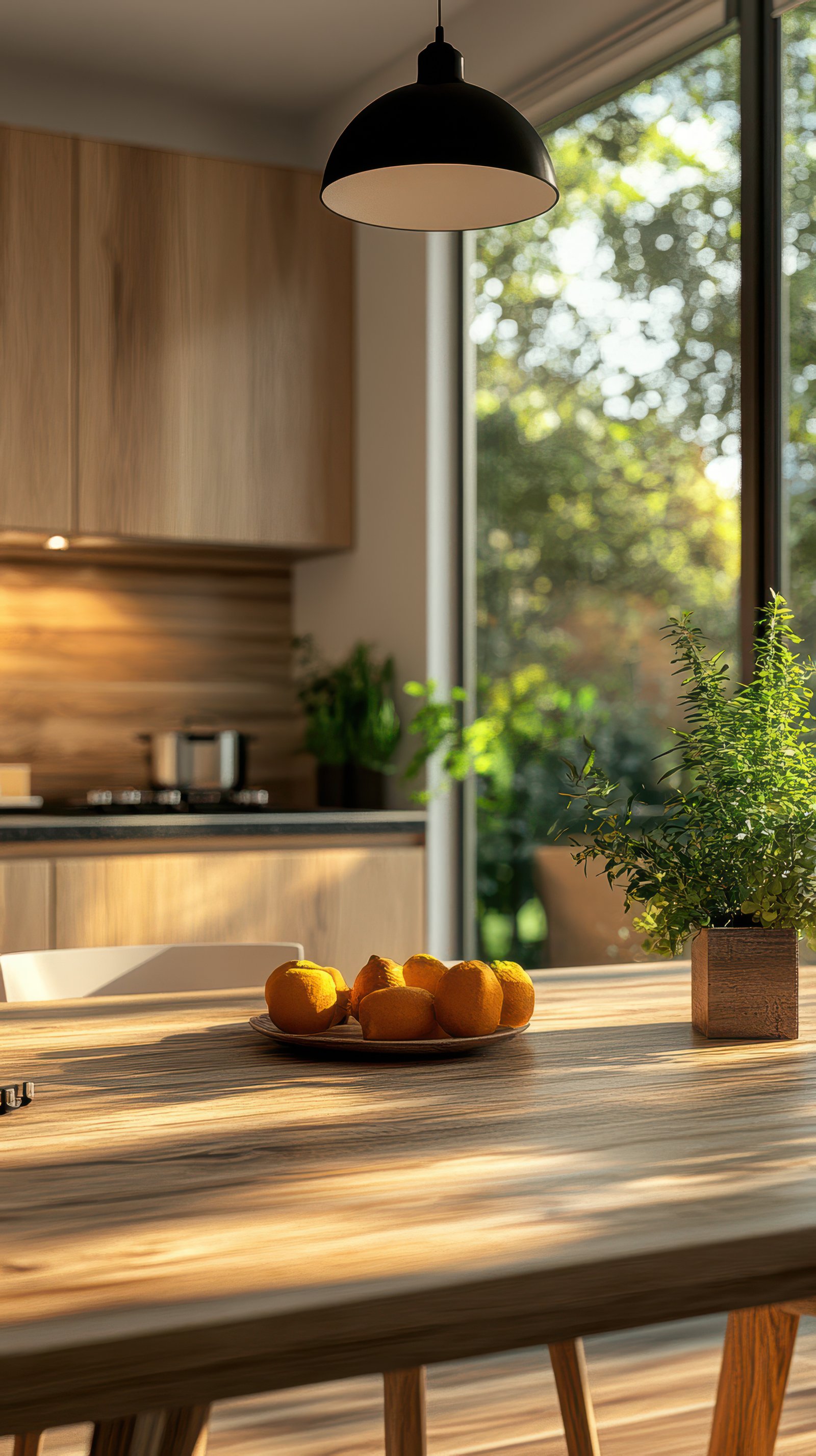 Morning light illuminates a cozy kitchen with fresh fruits and greenery on the wooden table